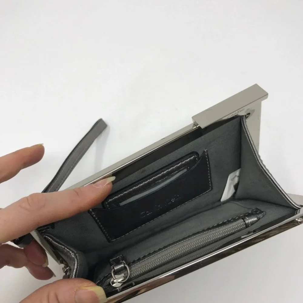 Calvin Klein Pewter Silver Metallic Leather Wristlet Clutch Vintage